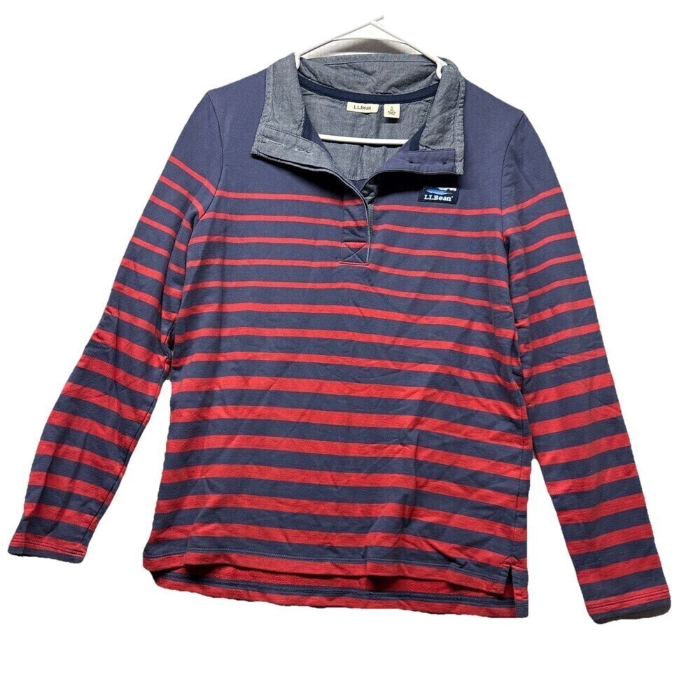 LL BEAN Soft Cotton Rugby Striped Henley Sweater 501241 Women’s Small Gray